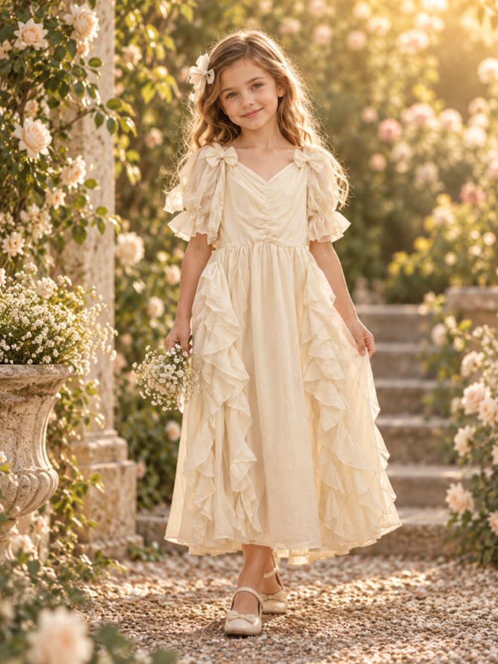 Joyfolie Kayden Dress Cream Ruffle Boho Party Dress Girls Size 7 NWT 2 Hair Bow